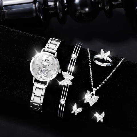 6 шт., женские модные трендовые кварцевые часы с цифровым указателем и золотым стальным ремешком, роскошные дизайнерские часы с бриллиантами, Набор браслетов и ожерелий