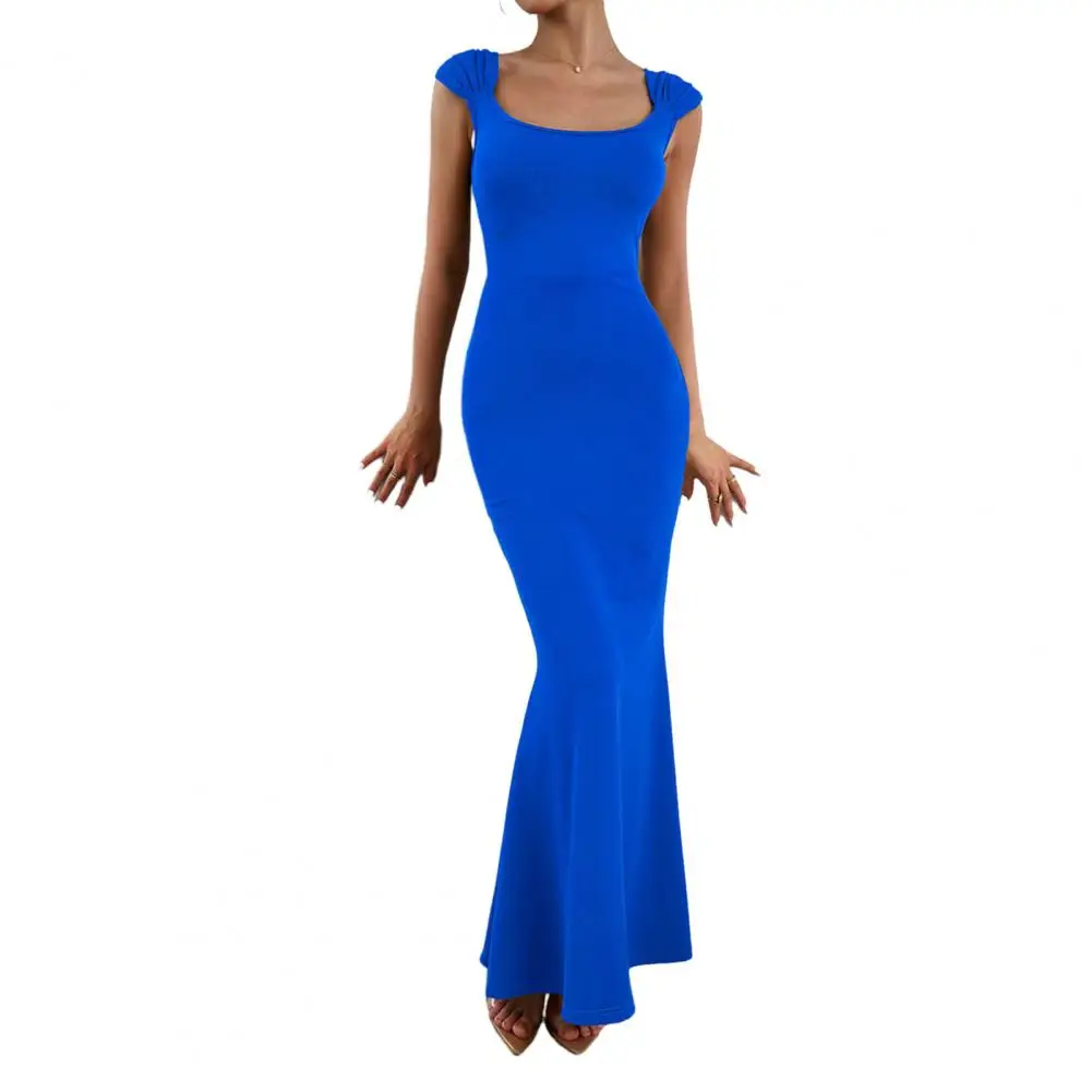 

Женское трикотажное платье-макси без рукавов, с квадратным вырезом