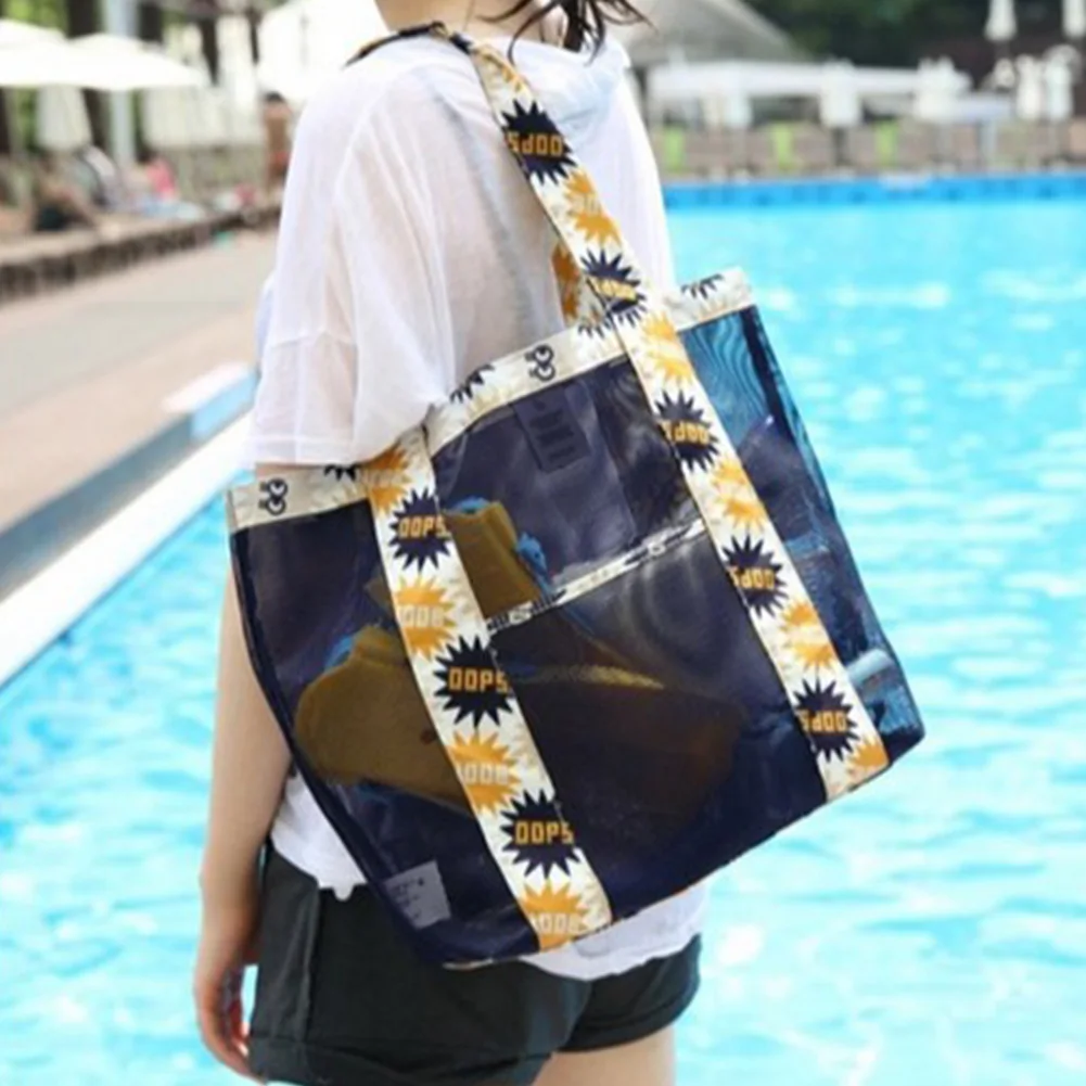 

Fashion Mesh Beach Bags Large Capacity for Women Swimming Travel Sports Makeup Shopping Storage Shoulder Handbags