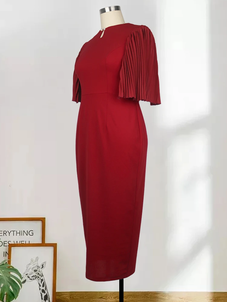 Red Dresses Plus Size Women O Neck Short Pleated Sleeve Sexy Bodycon Midi Gowns Birthday Cocktail Even Dress Outfits 2022 Summer