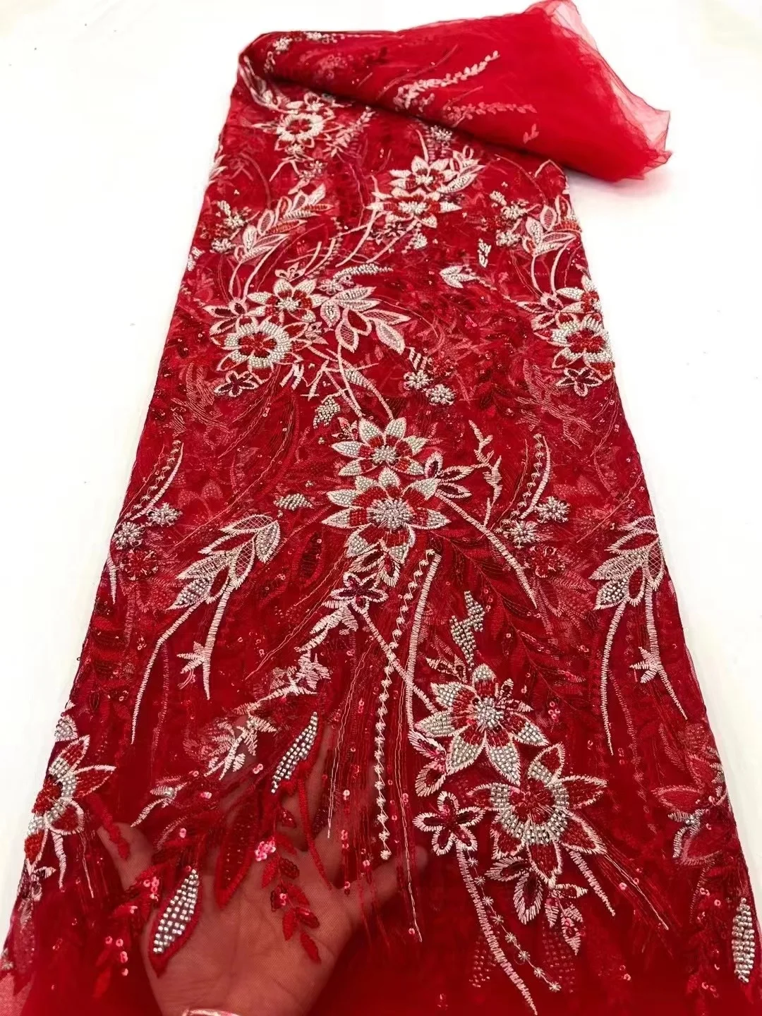 

Французское роскошное классическое красное плотное Тюлевое кружево ручной работы с бусинами 2023 Высококачественная африканская блестящая жемчужная ткань для вечернего платья невесты