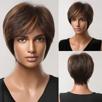 short straight synthetic wigs brown with blonde highlight wigs with pixie cut bangs for black women daily wig high temperature