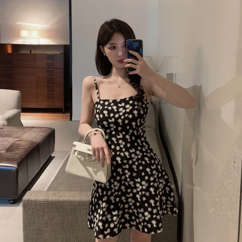 

New Chiffon Daisy Print Slip Dress Summer Women Sweet Off-Shoulder Slim Cottagecore Dress High Waist 2021 Sleeveless Brace Skirt