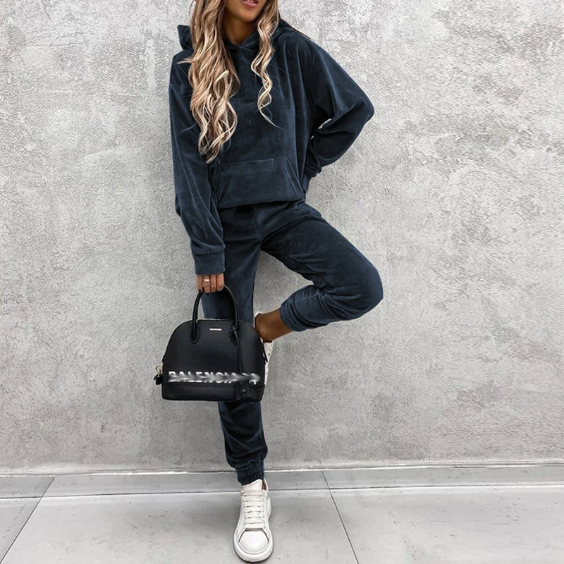 Winter Velvet Two Piece Set Women Fashion Solid Long Sleeve Hoodie Sweatshirt And Pants Tracksuit Ladies Elegant Slim Suits Fall