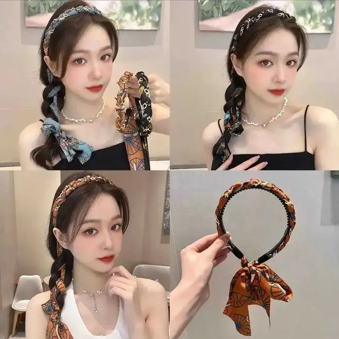 

1 PC Summer Floral Print Long Ribbon Hairband Pearl Braided Headband Streamers Hair Hoop For Girls Korea Sweets Hair Accessories