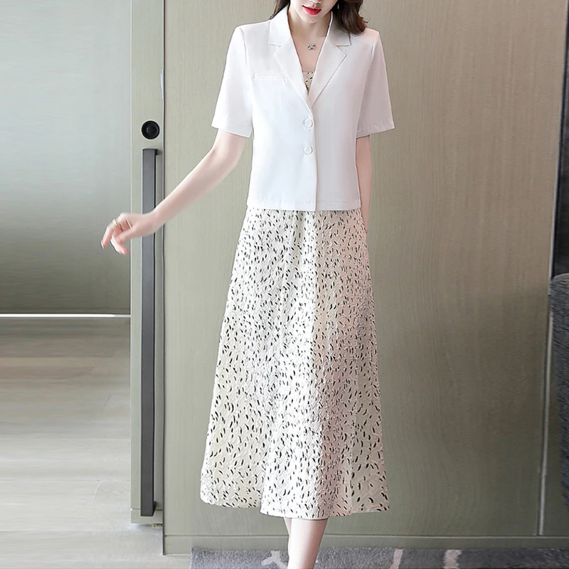 

Summer Suit Fashion Short Sleeve Small Blazer Crop Tops And Print Camisous Suspenders Mid Fashion Dress Suits Two Piece Set