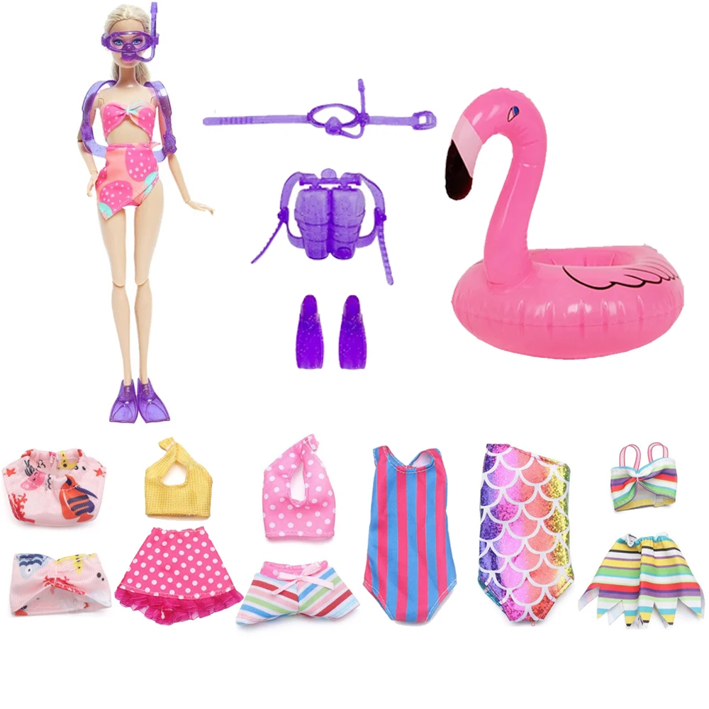 

5/4 items/set Cute Doll Accessories 3 random Swimwear+1 Flamingo Lifebuy +1 Dive Equipment Clothes for Barbie DIY Kids Toys Gift