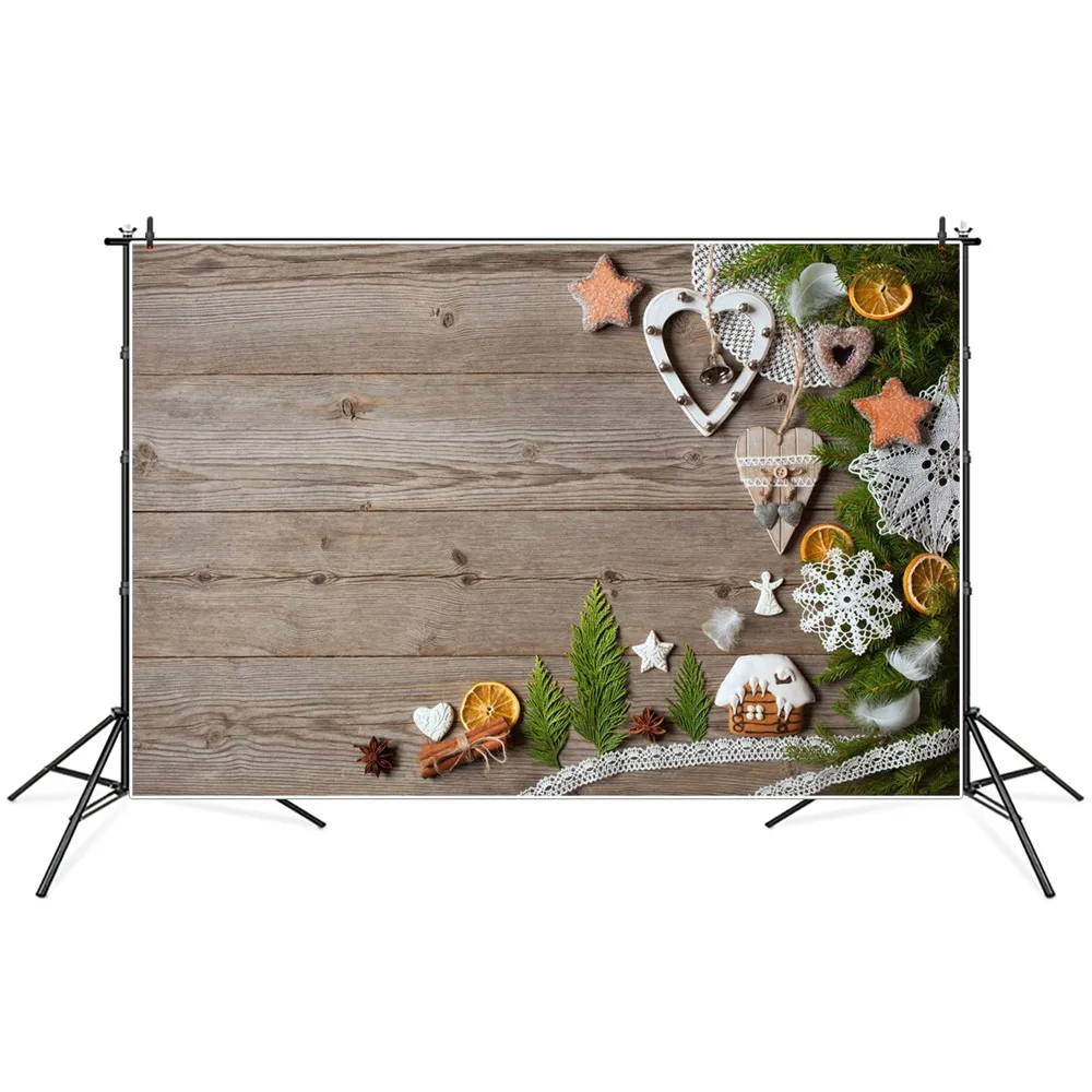 

Фон для фотосъемки с изображением рождественской сосны искусственных снежинок сердца деревянных досок