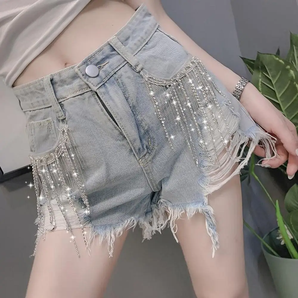 Shiny Women Beaded Denim Shorts High Waist Fashion Cowboy Shorts Street Punk Harajuku Female Rhinestone Tassel Jeans Shorts y2k
