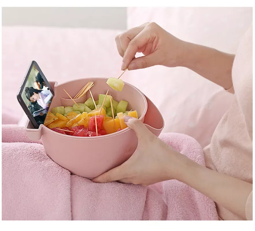 

2022New Lazy Snack Bowl Double-Layer Snack Kitchen Storage Box Fruit Filter Bowl Drain Plate with Mobile Phone Holder