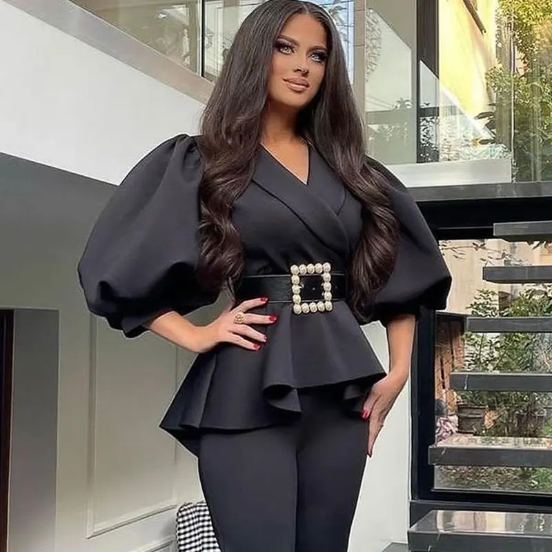 

Suit V-Neck Half Sleeve Blouses Side Zipper Waist Belt Slim Fit Ruffled Shirt Top Black Blouses Women 2022 Spring Summer
