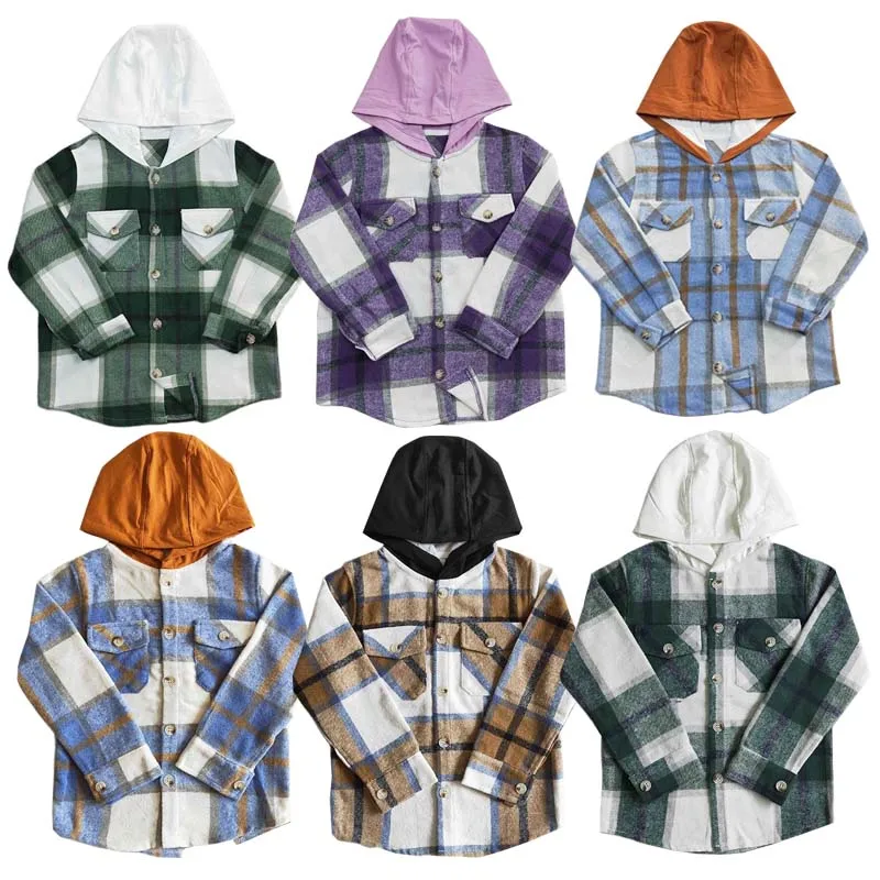 Wholesale Baby Boy Newborn Hoodie Jacket Blouse Flannel Plaid Button Down Infant Long Sleeves Pocket Toddler Children Shirt Coat