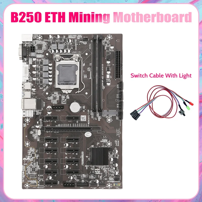 

B250B ETH Mining Motherboard+Switch Cable With Light LGA1151 DDR4 12Xgraphics Card Slot MSATA SATA For BTC Miner Mining