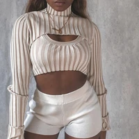 2021 new ladies striped knit high neck long sleeve short pullover sweater sexy hollow vest set autumn aesthetics y2k clothes