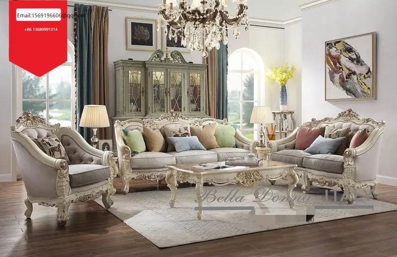 

Роскошная Европейская мебель для дворца из массива дерева на заказ, белая кожаная сумка для сиденья, бежевая ретро-мебель для гостиной из массива дерева