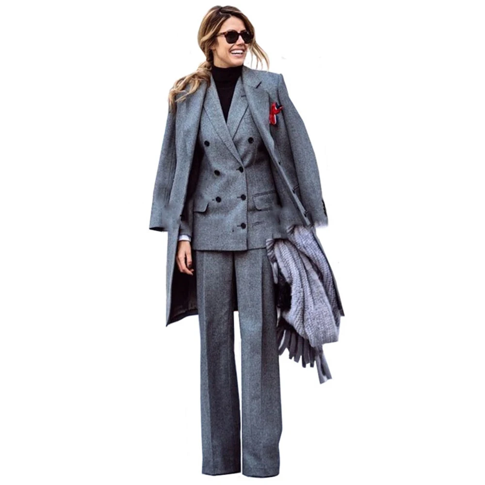 Женский двубортный пиджак и брючный костюм шерстяная смесь офисная леди бизнес
