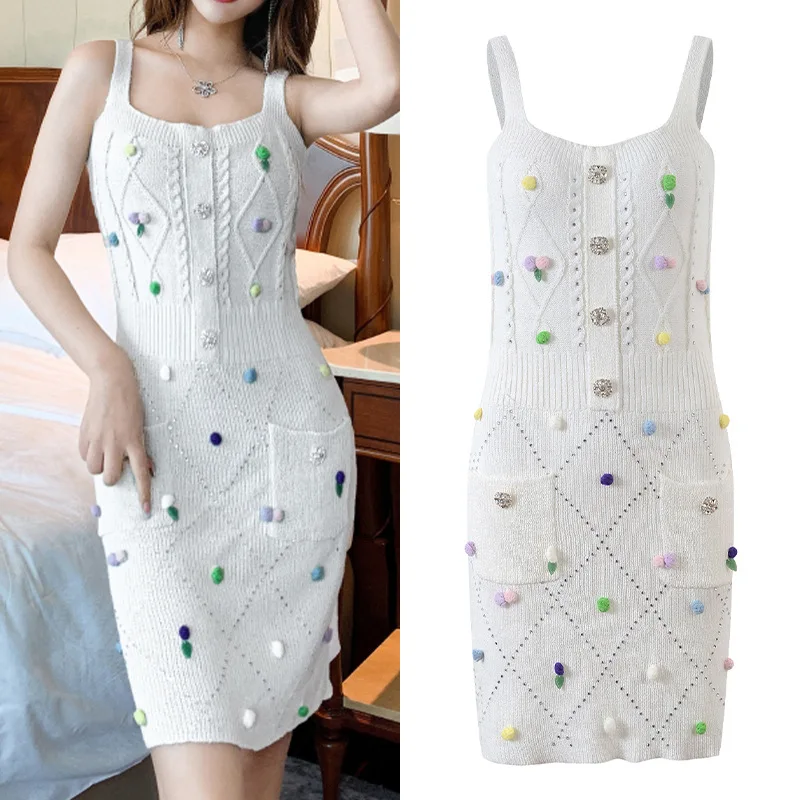 

White Color Ball Beading Knit Pullover Women Dress Summer Sling Screw Threas Lady Bodycon Sheath Dresses Vestidos
