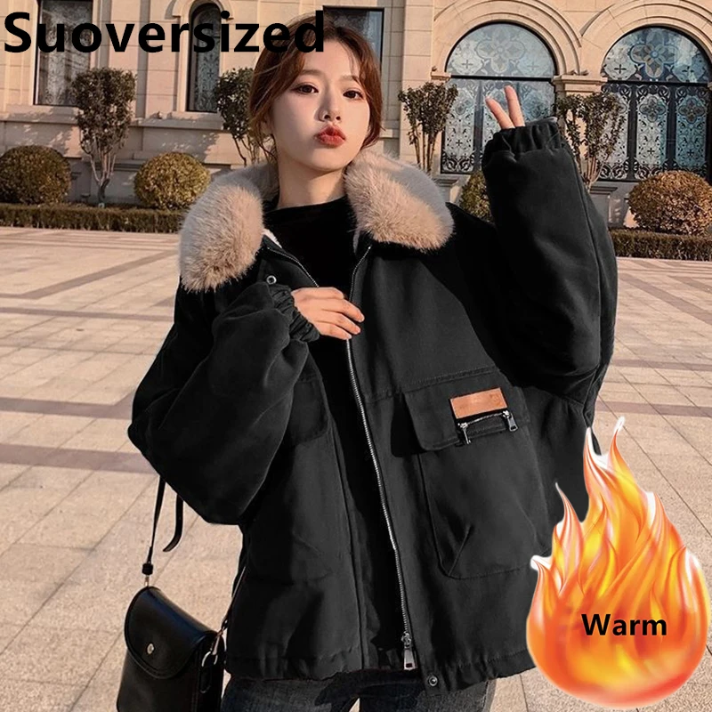 Winter Plus Velvet Thicken Faux Fur Collar Cotton Padded Jackets Warm Casual Windproof Red Coats Korean Loose Outwear For Women