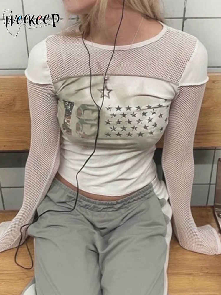 

Weekeep Mesh Patchwork White Long Sleeve Crop Top Fashion Star Print Casual Women's T Shirts for Autumn y2k Cute Streetwear Tees