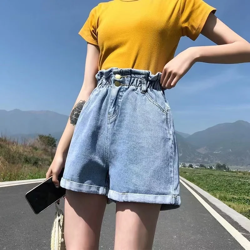 New High Quality Flods High Waist Denim Shorts Women's New Korean Student Loose Thick Leg Show Thin Wide Leg A-line Hot Pants