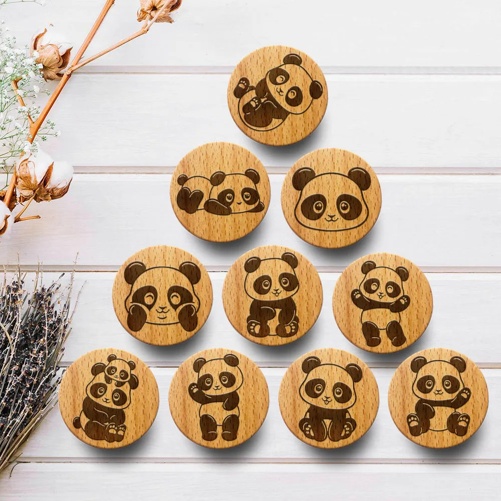 

New Engraved Cute Panda Wooden Drawer Knob Boho Nursery Cabinet Pulls Nature Wood Coat Hook Children's Room Furniture Handles