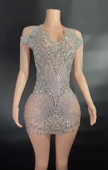Прозрачное платье серебряного цвета Стразы, розовая спина, костюм для празднования дня рождения, растягивающийся костюм для танцевальных выступлений, певиц, youdu Прозрачное платье серебряного цвета Стразы, розовая спина, костюм для празднования дня рождения, растягивающийся костюм для танцевальных выступлений, певиц, youdu