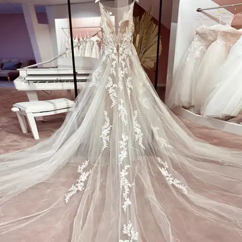 Newest Deep V Neck Lace Appliques Wedding Dress Cheap White Tulle Beaded A Line Bridal Dresses With Long Train Wedding Gowns