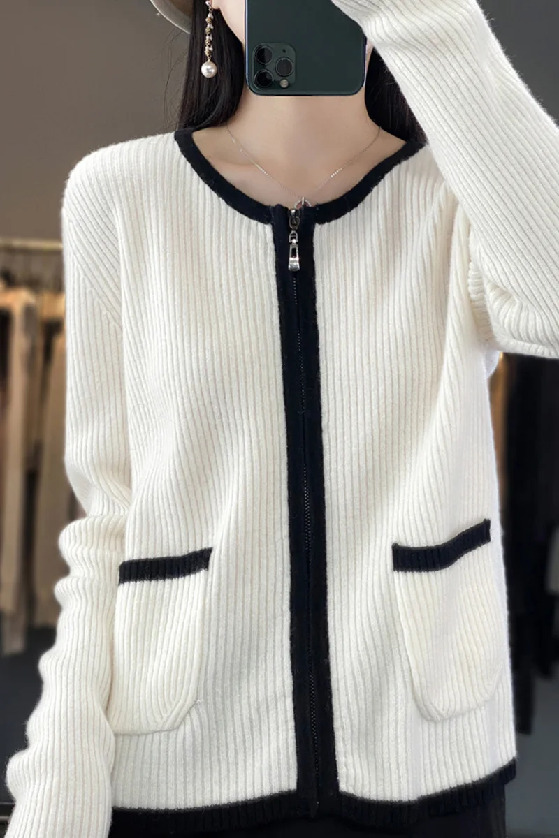 

Woman's Sweater Casual Coats Female Cardigan Long Sleeve O-Neck Zipper Jacket Spring Autumn Jumper 100% Wool Knitted Top Clothes