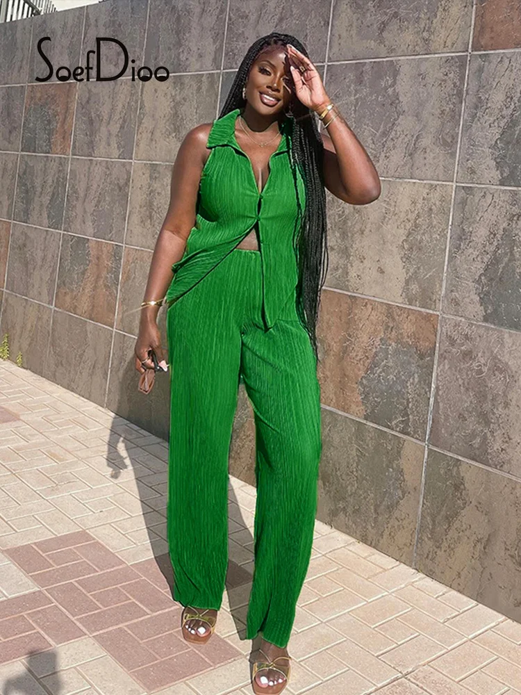 

Женский комплект из двух предметов Soefdioo, Зеленый однобортный Топ с отложным воротником и широкие брюки, летний пикантный уличный наряд, 2022