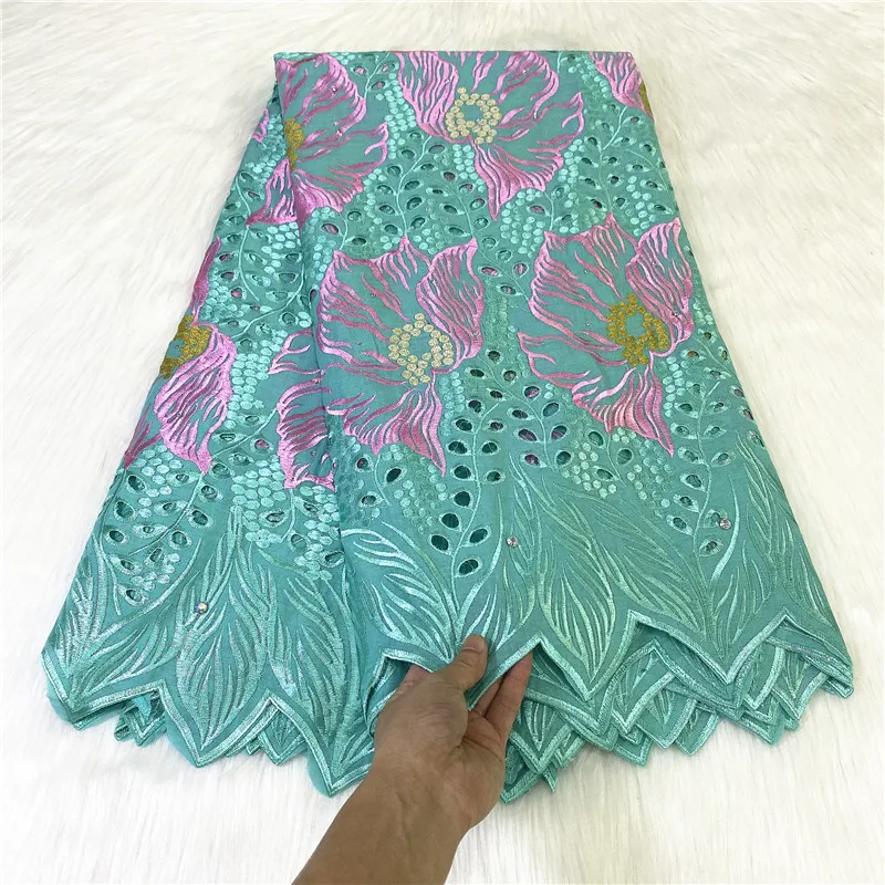 

5 Yard Dry Lace Fabric Latest Heavy Beaded Embroidery African 100% Cotton Swiss Voile Popular Dubai Style For Party Wedding 7L91