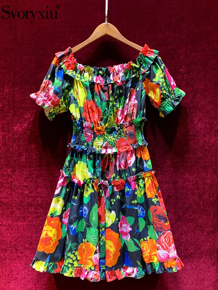 

Svoryxiu Fashion Designer Summer Cotton Mini Dress Women's Puff Sleeve Elastic Waist Floral Print Elegant Holiday Short Dress