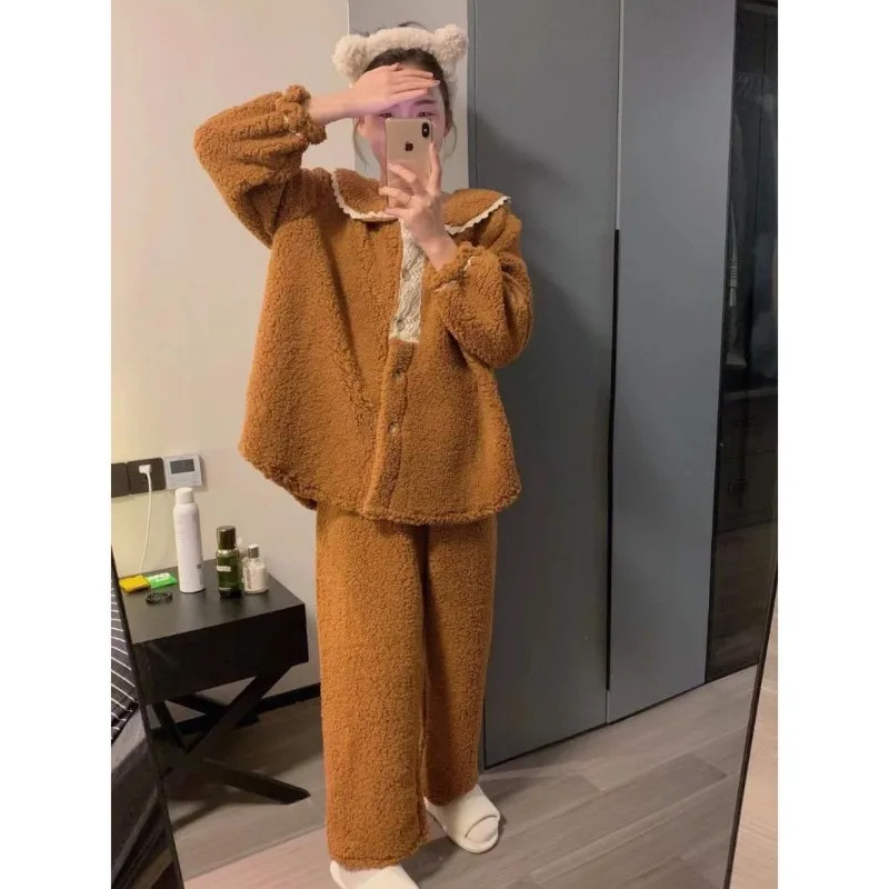 Девочьи милые кружевные пижамы из кораллового флиса женские зимние стильные