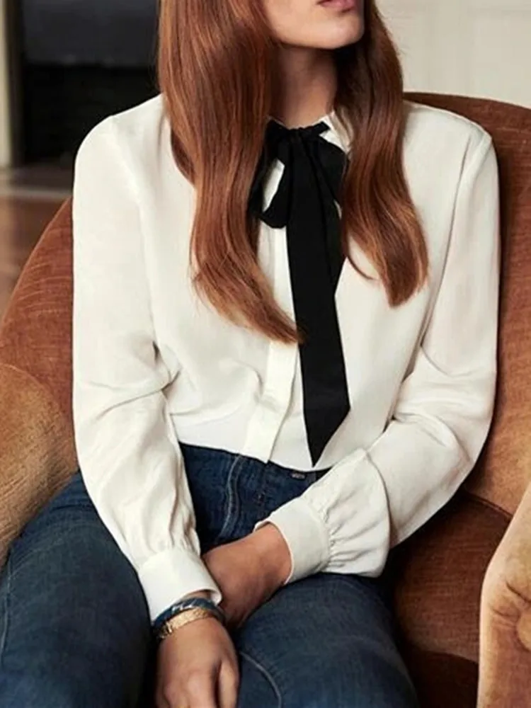 Women White Silk Blouse with Black Tie Belt 2022 Summer Elegant Ladies Long Sleeve Office Wear Shirt Top