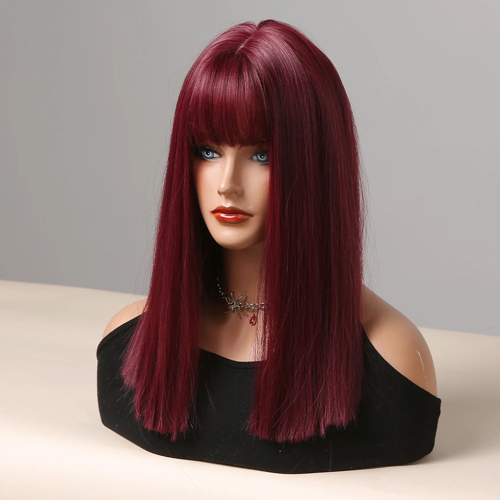 Wine Red Synthetic Wigs Middle Long Straight Wig with Bangs for Women Cosplay Daily Party Heat Resistant Fiber Fake Hair