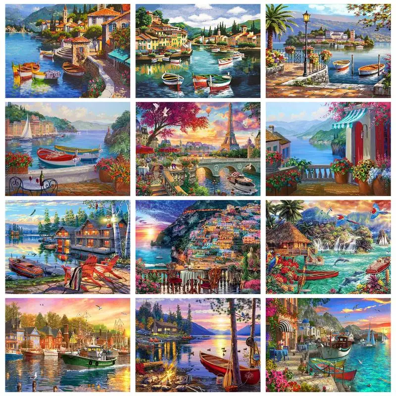 

CHENISTORY Oil Painting By Numbers Harbor Landscape Handpainted DIY Gift Acrylic Paint Wall Decors Adults Crafts Kill Time