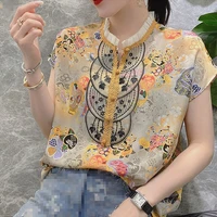 chinese style buckle stand collar ruffle chiffon womens shirts summer vintage floral print slim blouses female lace casual top