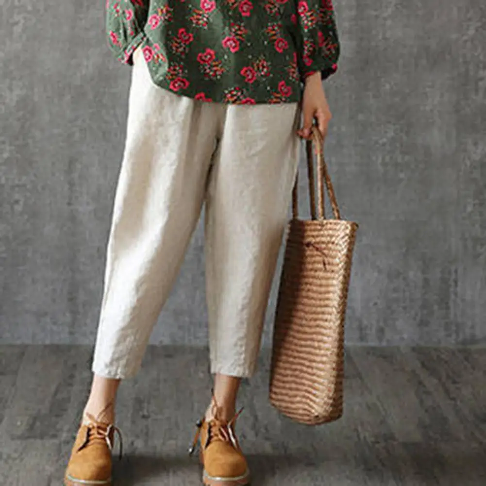 

Retro Slant Pockets Ankle-length Pants Mid-Rise Solid Color Loose Fit Elastic Waist Casual Harem Trousers Female Clothing