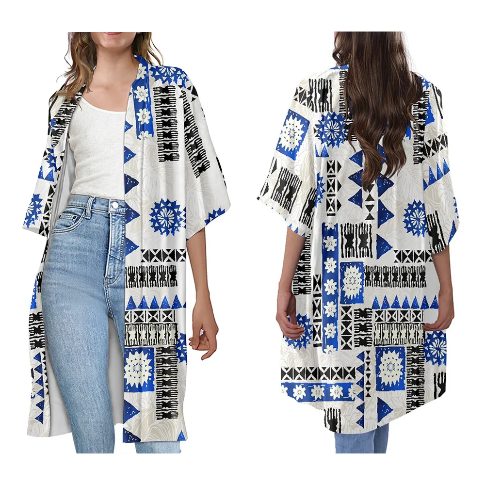 

Легкий кардиган с сублимационным принтом, пальто с рукавами-колокольчиками и открытым спереди 3/4, пальто полинезийское племенное Самоа, син...