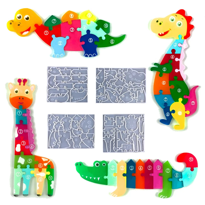 

Dinosaur Puzzle Epoxy Mold Diy Giraffe Crocodile Puzzle Game Children's Jigsaw Cartoon Animal Silicone Resin Mould for Kids