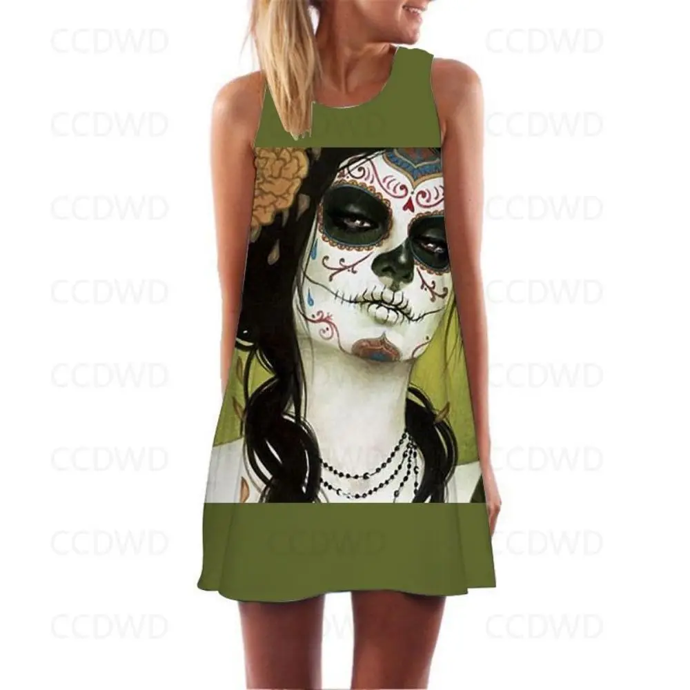 

Women's Fashion Dresses Slip Summer Woman 2022 Print Chic Elegant Dress Evil Free Shipping Goth Girl Sexy Sleeveless Party Beach