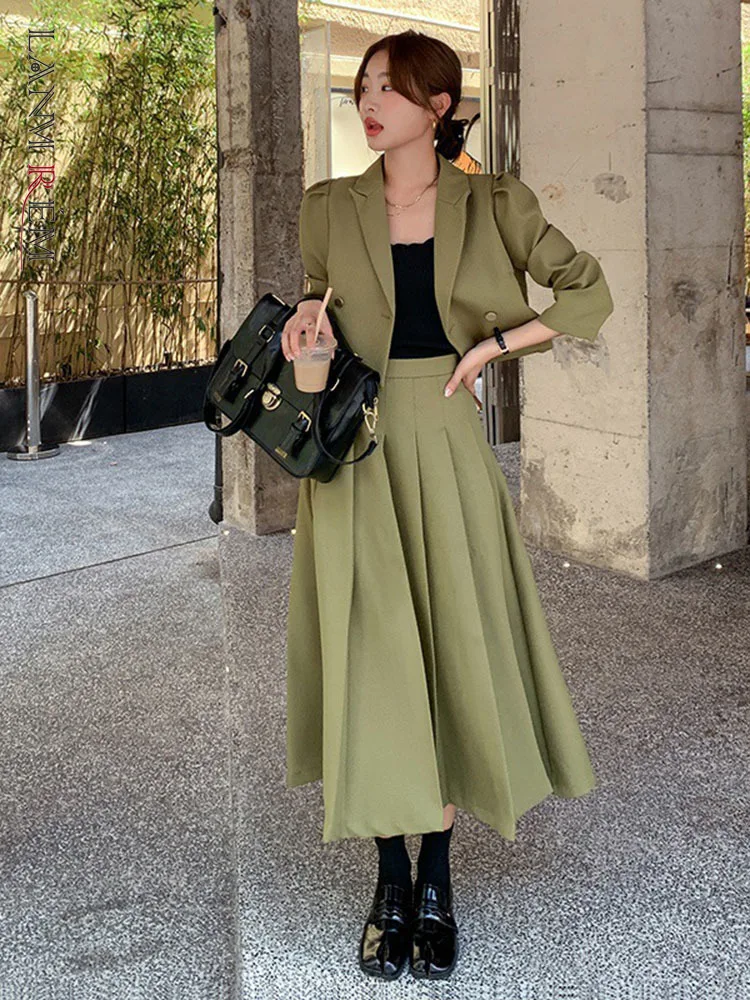 

LANMREM Green Short Blazers With Fold Skirts 2 Pieces Set For Women Korean Style Elegant Clothing 2023 Spring New 2R8317