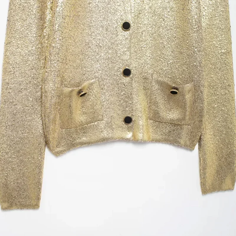 Женский короткий кардиган из фольги с длинным рукавом и пуговицами