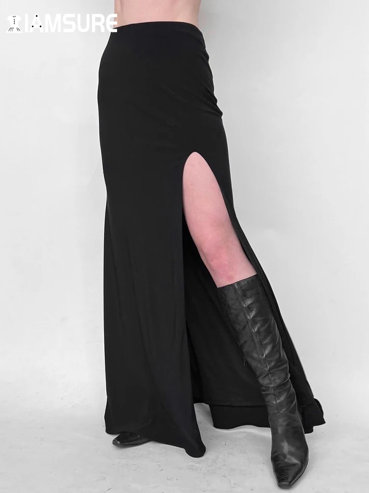 

Базовая однотонная длинная юбка IAMSURE с разрезом, темная Повседневная облегающая юбка-макси средней талии, женские осенне-зимние модные уличные женские юбки 2023