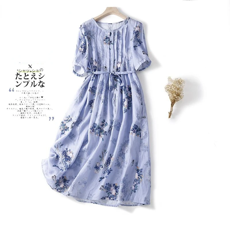 

Женское платье из хлопка и льна, элегантное голубое ТРАПЕЦИЕВИДНОЕ ПЛАТЬЕ с цветочным принтом, круглым вырезом, со складками и коротким рук...