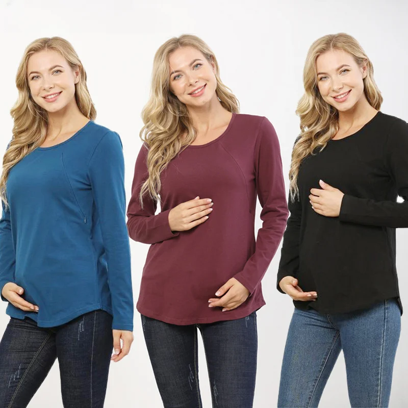 

Long Sleeved T-shirt Round Neck Side Opening Breastfeeding Shirt Outgoing Fashion Pregnant Women's Breastfeeding Shirt S-3XL