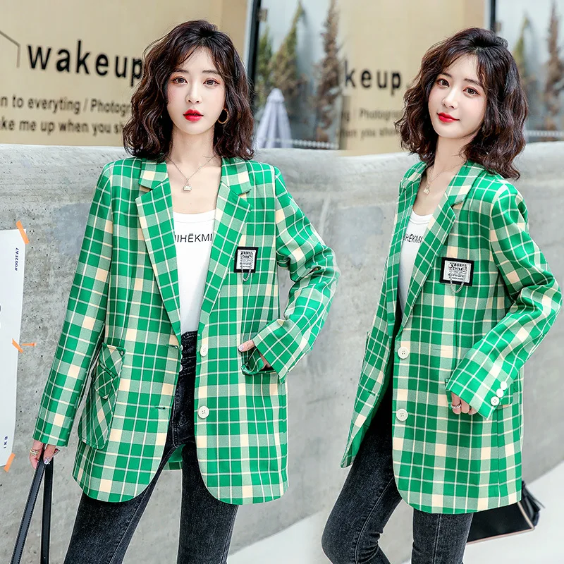 2023 Spring Women Blazer Classic Green Plaid Casual Blazers Coat Office Ladies Single Breasted Outerwear British Fashion Jacket