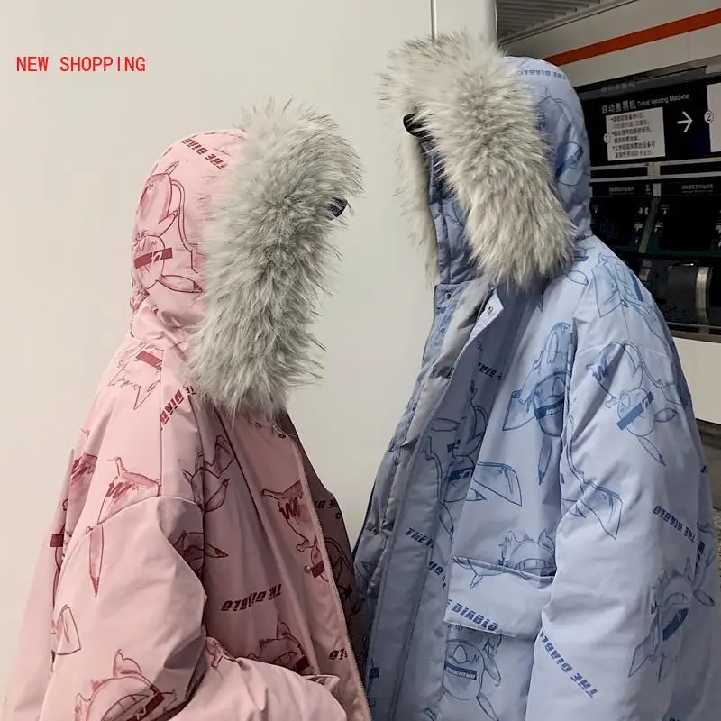 Parka Women Cotton Padded Jacket Fur Hooded Winter Warm Thick Jackets Outwear Hip Hop Fur Collar Sweet Kawaii Oversize Coat