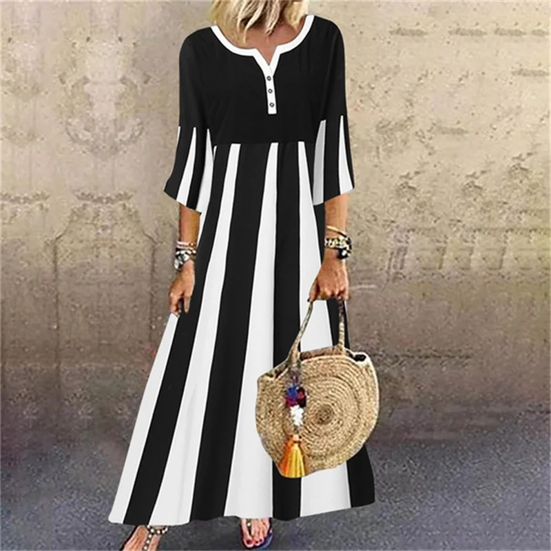 

Autumn New Casual Maxi Dress Women Vintage Elegant Half Sleeve V-Neck With Button A-Line Dress Fashion Stripe Print Loose Dress