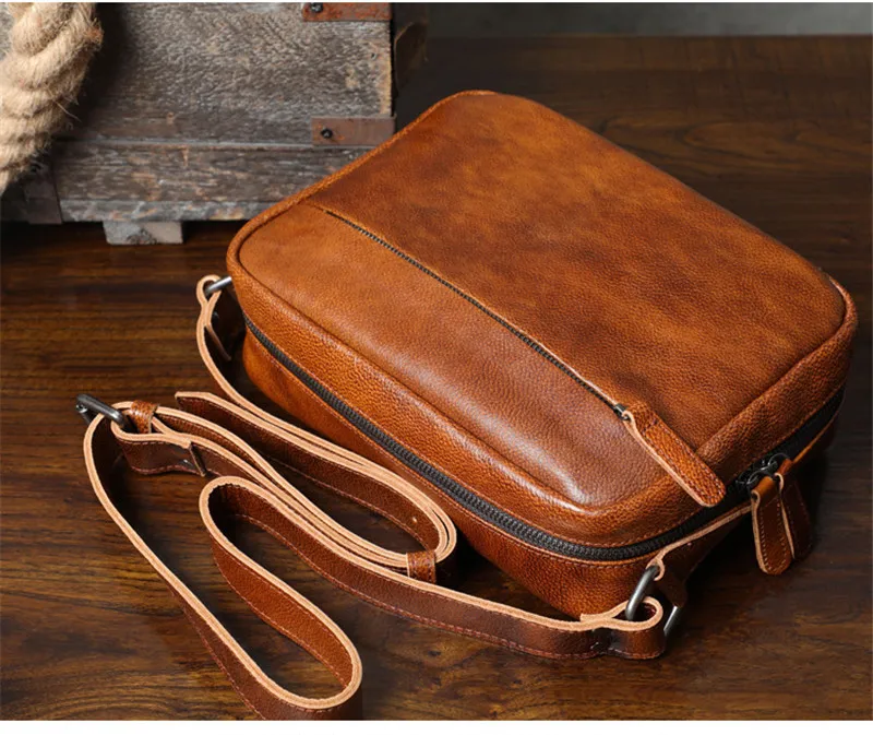 Casual simple luxury genuine leather men crossbody bag vintage natural soft real cowhide outdoor daily travel brown shoulder bag