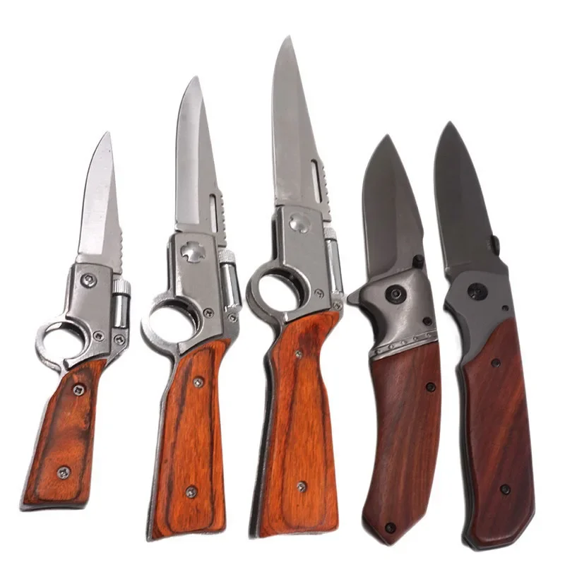

Pocket Tactical Knife Folding Knives Wood Handle Stainless Steel Camping Outdoors Survival Knife EDC Self-defense Tool